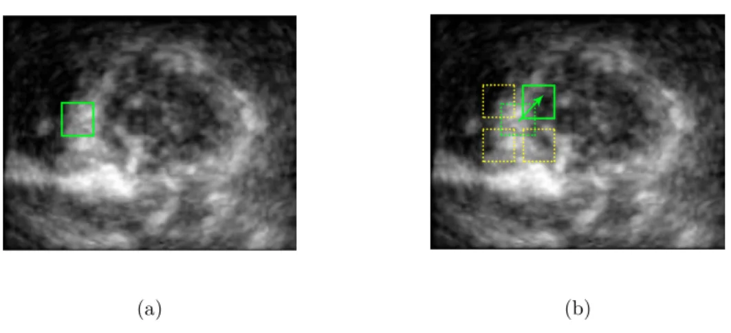 Figure 2.1: (a) Location of a block in the reference image. (b) Searching process in the second image: different blocks in the search region (yellow) and the matched block (green)