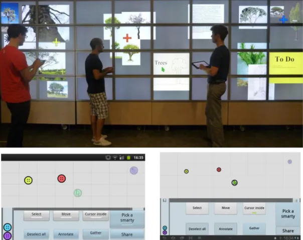 Figure 2.9: Object selection and grouping with three users. The interface running on a  phone (left, middle user) and on a tablet (right, right user)