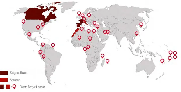 Figure 3. Carte du monde représentant les pays dans lesquels Berger-Levrault possède des agences, des filiales et  des clients