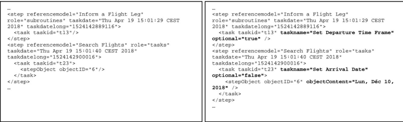 Figure 40.  Extract of an original (left side) and a resultant (right side) scenario XML files after the process of 