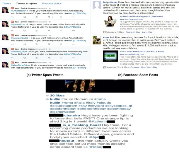 Figure 3.3: Real examples of spam posts published on Twitter, Facebook, and Instagram OSM sites.