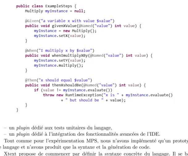 Figure 2.2 – Code glu entre les instructions des sc´ enarios et le code de test correspondant