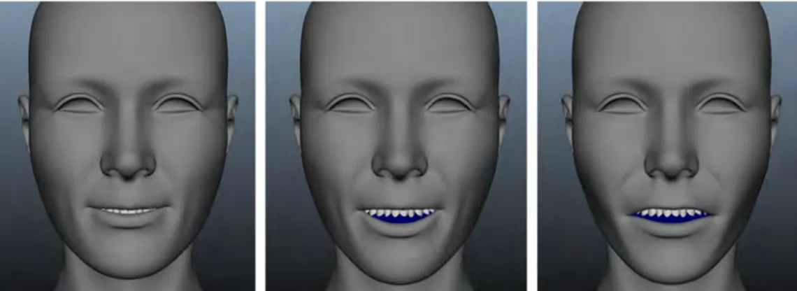 Figure 1.5: Typical blendshape expressions. From left to right: half-smile, full smile and open-mouth expression.