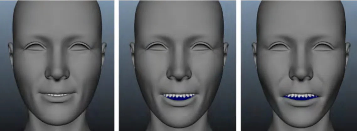 Figure 1.5: Typical blendshape expressions. From left to right: half-smile, full smile and open-mouth expression.