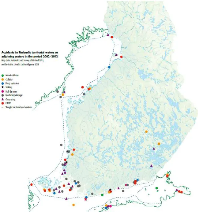 Figure 10. Maritime accidents in Finland 2002-2012 (Trafi 2013a).  