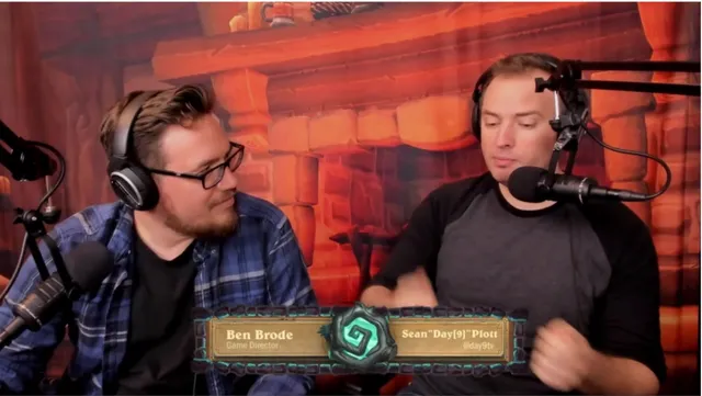 Fig. 16 – Ben Brode et le streamer Day9 lors du dévoilement des nouvelles cartes Hearthstone de la dernière  expansion (9 avril 2018) 