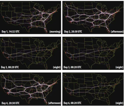 Figure 3.14 – Example of dynamic trail-set bundling for 6-days US airline flight dataset (41K flights), Hurter et al., 2014a.