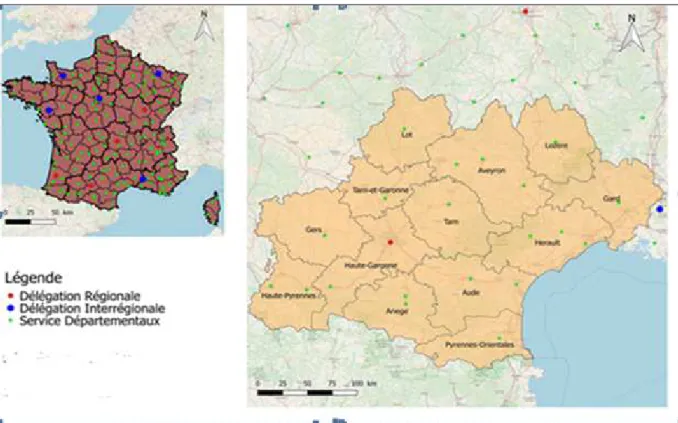 Figure 1:Implantations de l'ONCFS en France métropolitaine, Source : ONCFS  •  Organisation  