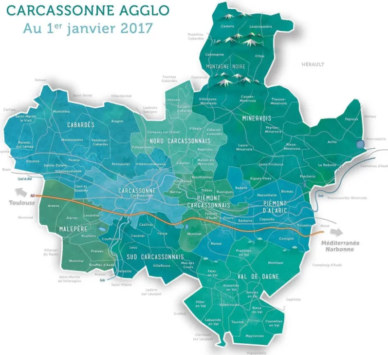 Figure 4 : Carte du périmètre de Carcassonne Agglo au 1 er  janvier 2017 