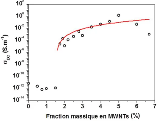 Figure 35 : Dépendance de la conductivité σ DC  en fonction de la fraction massique de MWNTs 