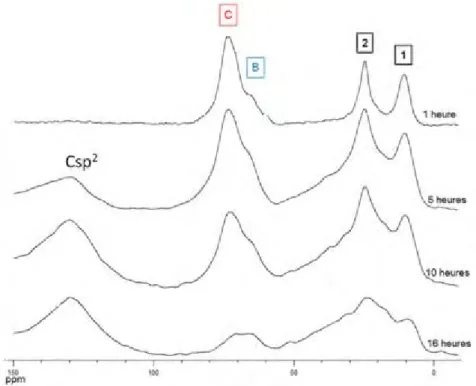 Figure 30 : Spectres RMN MAS  13 C de l’échantillon P250 pour différentes durées de palier 