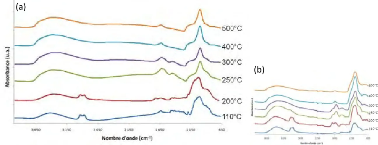 Figure 32 : Spectres IR en incidence rasante des revêtements (a) R110, R200, R250, R300, R400 et R500  (Vretrait = 75 mm/min) et des poudres (b) correspondantes dans le domaine 4000 à 650 cm -1