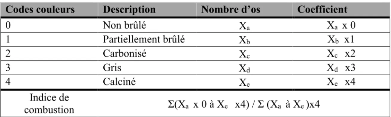 Tableau 9. Calcul de l'indice de combustion d'après les codes de couleurs selon Costamagno et collaborateurs (2010 : 49)
