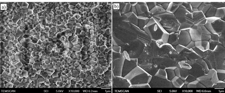 Figure I-17 : Images de MEB des surfaces de rupture des alumines frittées à 1150°C (a) et 1350°C (b)