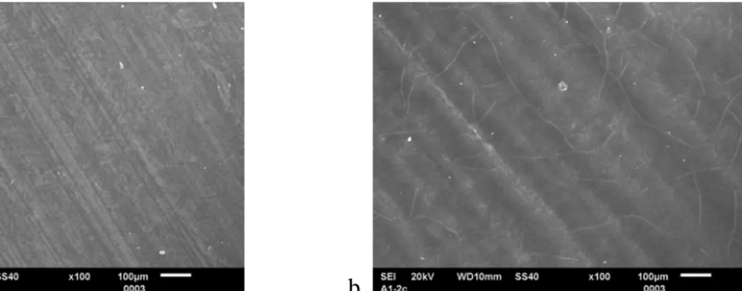 Figure 20: Micrographies MEB du revêtement sol-gel «base méthacrylate» déposé sur l’acier X13VD   1 couche (a.) et 2 couches (b.) 