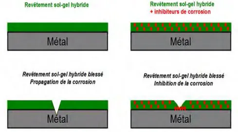Figure 15 : Schéma de l’incorporation des inhibiteurs de corrosion dans le revêtement hybride  