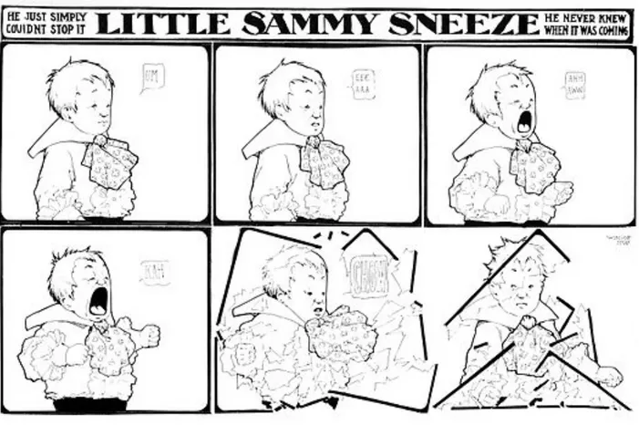 Figure 8: MCCAY, Winsor, Little Sammy Sneeze, New York Herald, 24 décembre 1905.  La planche de Little Sammy du 24 décembre 1905 met en évidence plusieurs notions  essentielles pour comprendre les enjeux de l’espace intericonique et de l’intercase