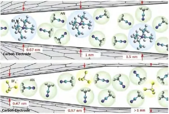 Figure I- 21 : Geometric confinement of ions in extremely small pores. Both anions and cations 