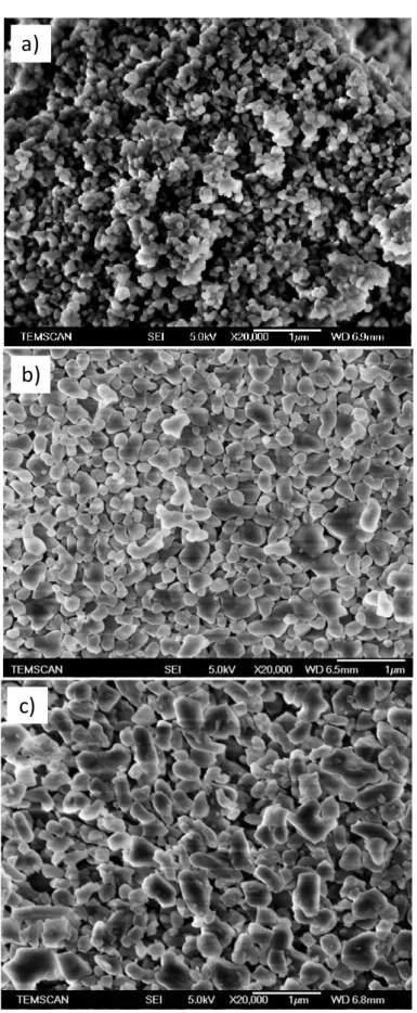 Figure II.1 : Micrographies   MEB des poudres d'alumine-   :a) Taimei b) Baikowski et c) Baikowski  dopée MgO 