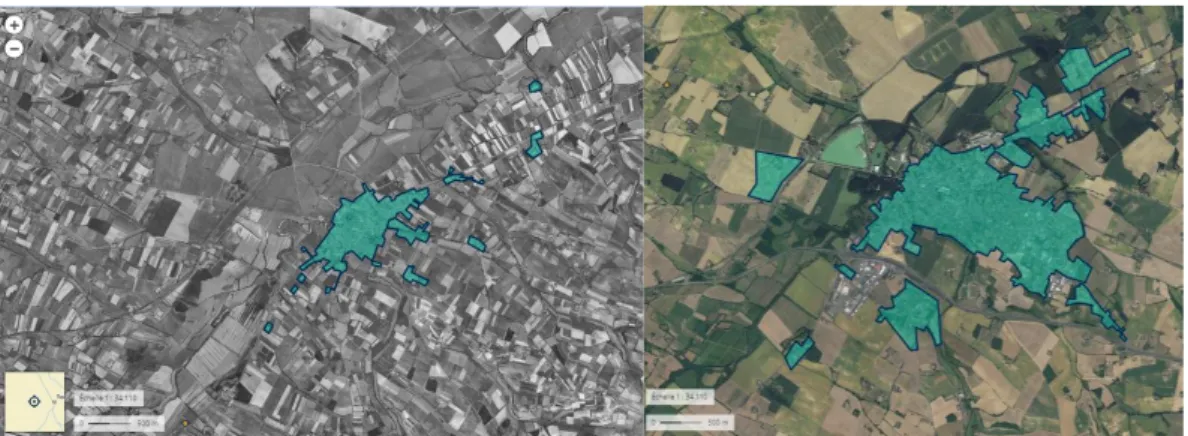 Figure 2 : Tâche urbanisée de la commune de l’Isle-Jourdain (32) en 1954 et en 2016.  Source : géoportail.gouv.fr 