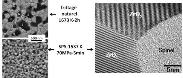Figure 16 : Clichés MEB et MET de composites ZrO 2 /Spinelle MgAl 2 O 4  (adapté de [3]) 