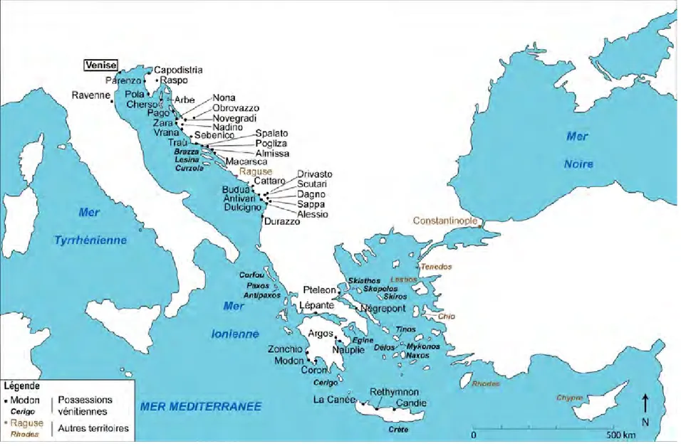 Figure 1 : Les territoires maritimes de l'empire vénitien en 1453 