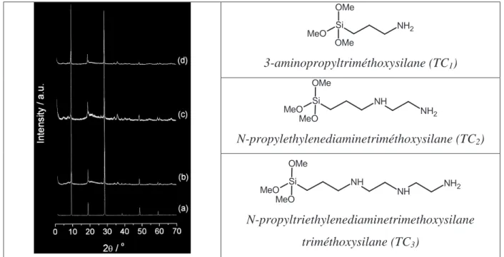 Figure I.20 : Diagrammes de diffraction des rayons X du talc (a) et des talcs fonctionnalisés 