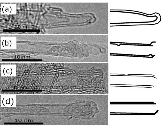 Fig. III.1 : HRTEM pictures and drawings  of (a) raw DWNT followed by opening with        