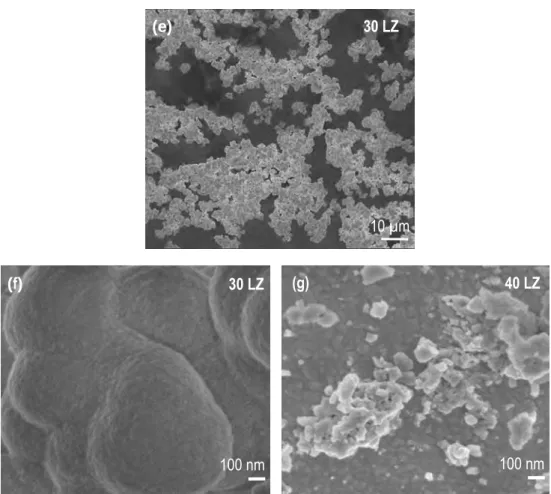 Figure III-11: Cliché MEB des poudres 30 LZ et 40 LZ : poudre 30 LZ à morphologie sphérique (e-f) ; (g) sphères  composées de grains fins