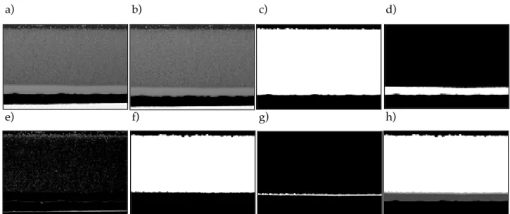 Figure II.19 : Différentes étapes du traitement d’image pour déterminer les épaisseurs équivalentes des couches intermétalliques sur les micrographies MEB (grossissement x 150)