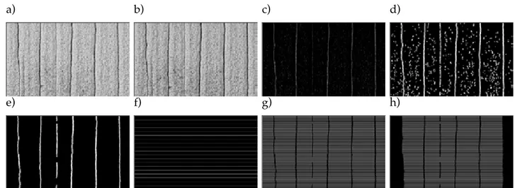 Figure II.20 : Étapes successives du traitement d’images pour déterminer les distances inter-fissures sur les micrographies MEB (grossissement x750)