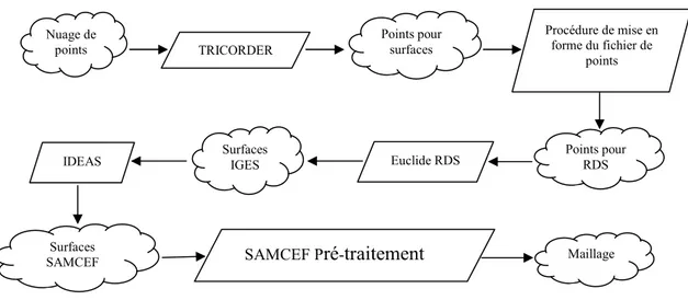 Figure II.4 : Première chaîne première logicielle pour passer des points numérisés au maillage de la tête 