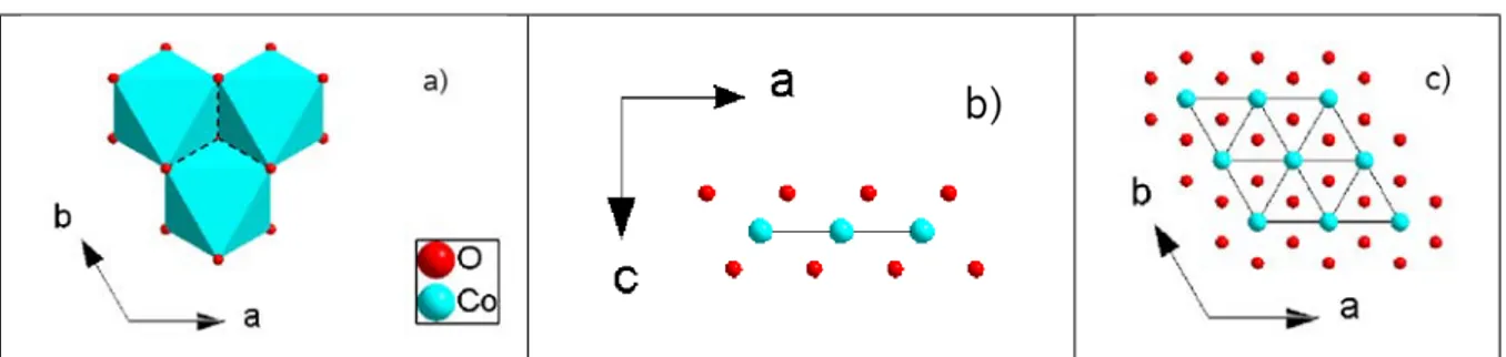 Fig. 1.1  a) octaèdres de coordination des ions cobalt liés par les arrêtes, les traits pointillés noirs représentent les arrêtes partagées