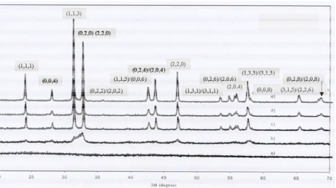 Figure II.3 Diffractogrammes de rayons X obtenus à température ambiante sur des  poudres calcinées 2 heures sous air à 600 ºC (a), 700 ºC (b), 800 ºC (c), 900 ºC (d), 1000 ºC (e)