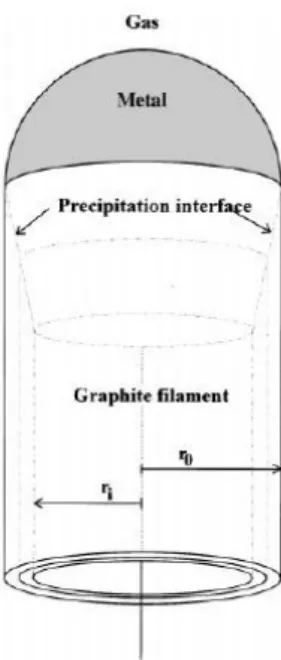 Figure 2.3 Model for the formation of carbon filaments, showing the inner and the 