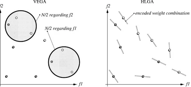 Figure I-21 : Illustration du fonctionnement des techniques de  calcul de la fonction de qualité dans les  algorithmes VEGA (à gauche) et HLGA (à droite) [Zitzler 99]