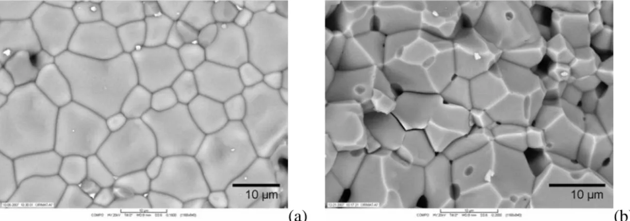 FIG. 3.11 – Micrographies MEB d’une céramique massive issue de poudres élaborées par coprécipi- coprécipi-tation : (a) surface et (b) tranche