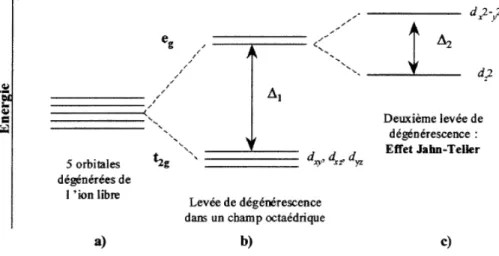 Figure I-9  Levée de dégénérescence et effet Jahn-Teller des orbitales d d’un cation  métallique placé dans un champ octaédrique 