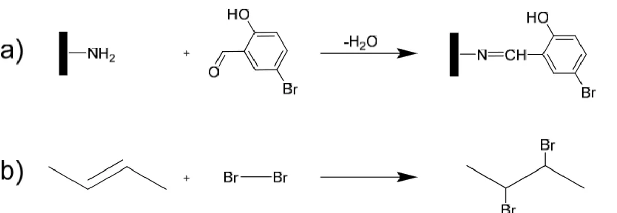 Figure 3-1 : Derivatization reaction of a plasma-treated polymer surface with (a) 5- 5-bromosalicylaldehyde for the amino groups and (b) bromine for the unsaturations