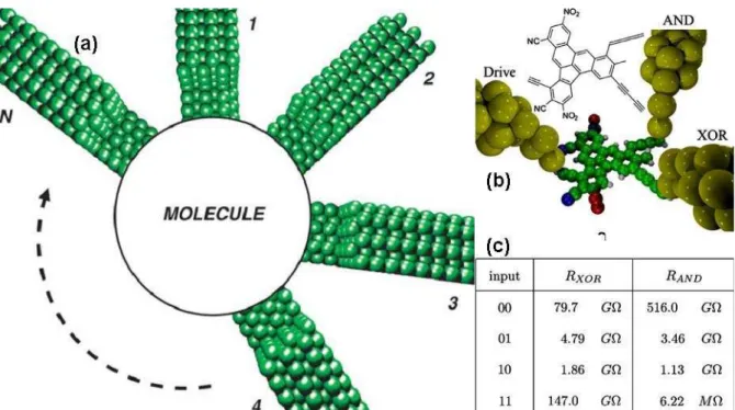 Figure 2.6: (a) Structure of the scattering circuit made of a central molecule interacting with N electrodes