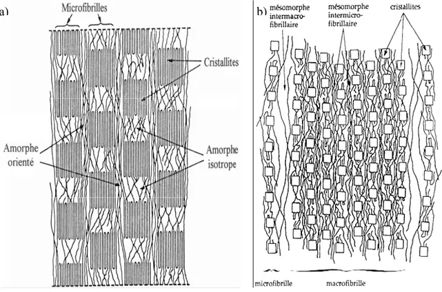 Figure I-4 : 2 variantes du modèle structural de chaînes étirées  a) modèle de Prevorsek [Prevorsek 1971] et b) modèle d’Oudet [Oudet 1987] 