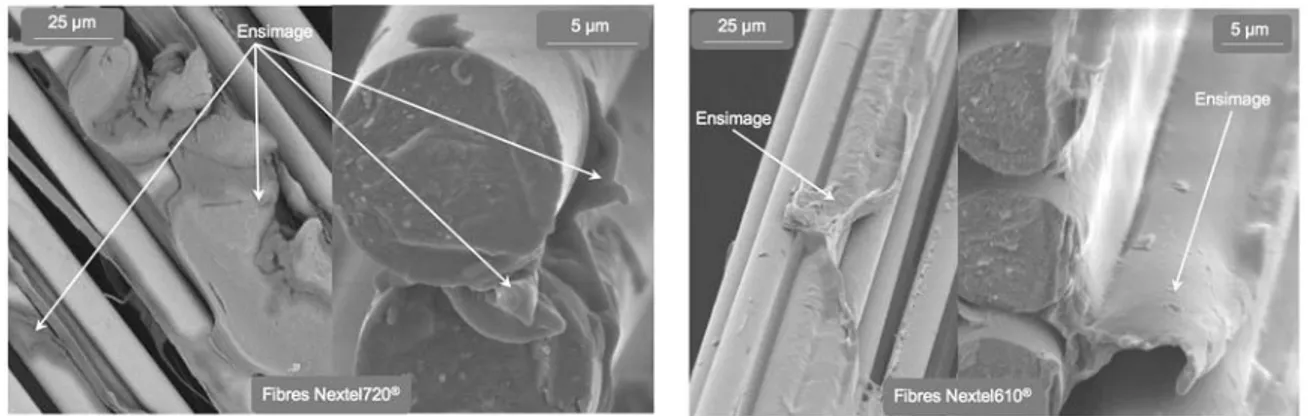 Figure 2.3  Micrographies  MEB  de  fibres  Nextel  ensimées :  à  gauche  fibres  Nextel720 ® ,  à  droite  fibres Nextel 610 ® 
