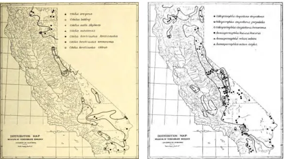 Figure  4.   First  regional-distribution maps of ground squirrels  species elaborated by Joseph  Grinnell (1910, Public domain /  Wikimedia Commons )