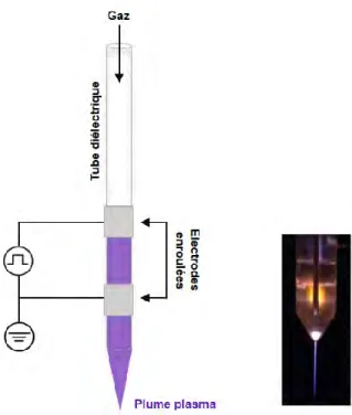 Figure 11 : Dispositif expérimental du jet de plasma. À gauche : configuration du jet de plasma