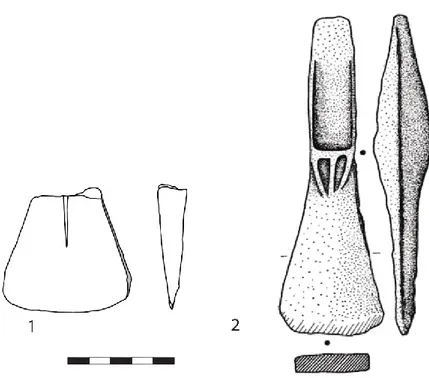 Figure 15: Haches à talons du type normand: 1: hache de Bouan; 2: hache de la grotte de  Lombrives