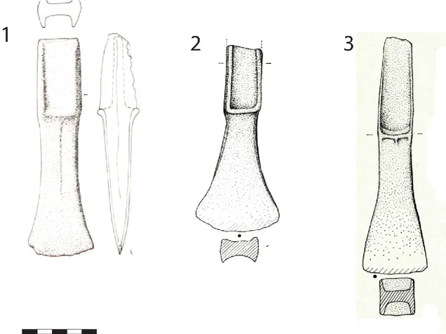 Figure 16: haches à talons du type breton: 1: hache de Toulouse ;  2: hache de Lavelanet ; 3:  hache de Lavelanet