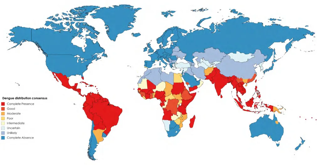 Figure 1. The global distribution of dengue . Adapted from [1,8], CDC Dengue heatmap ( /www.healthmap.org/dengue ), and data from the 