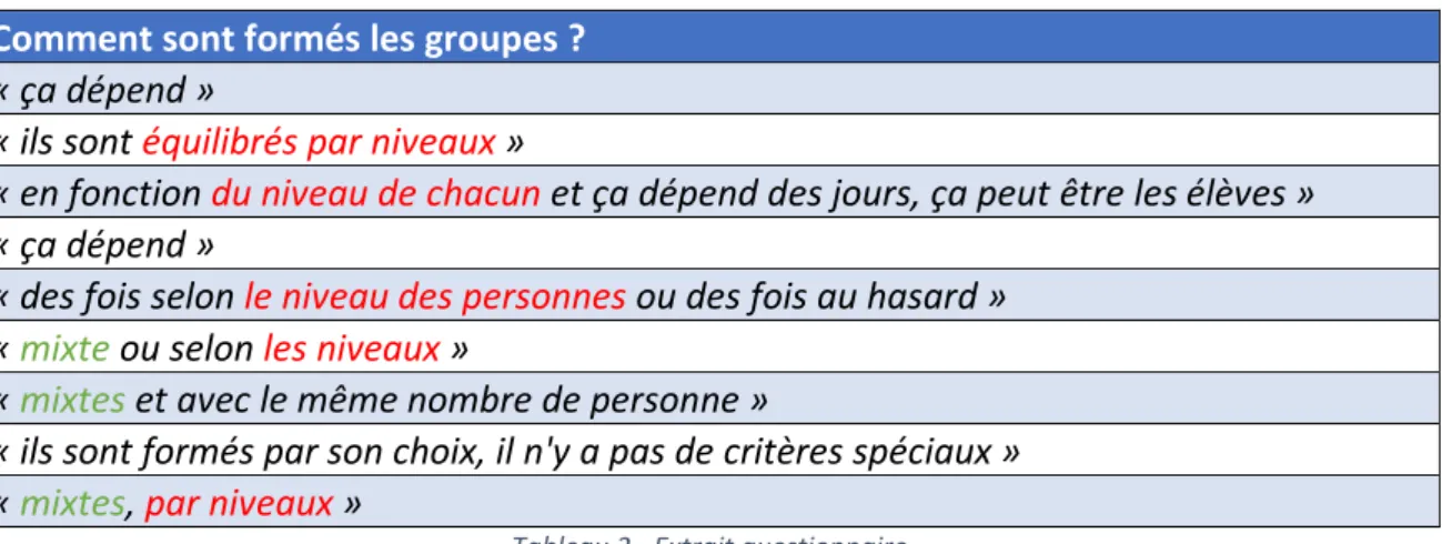 Tableau 2 - Extrait questionnaire