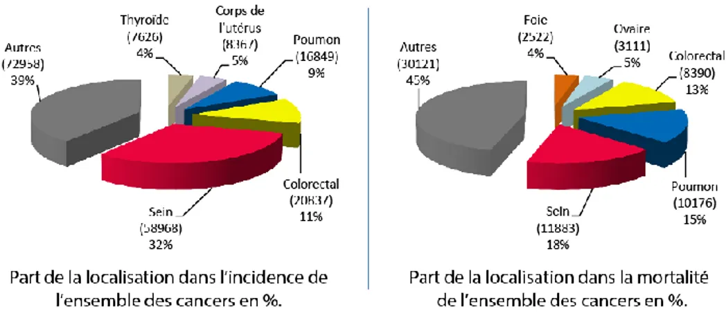 Figure 2 : Données épidémiologiques du cancer en France Métropolitaine en 2017. Comparaison de l’incidence  et de la mortalité chez les hommes et les femmes, prenant en compte la localisation des cancers