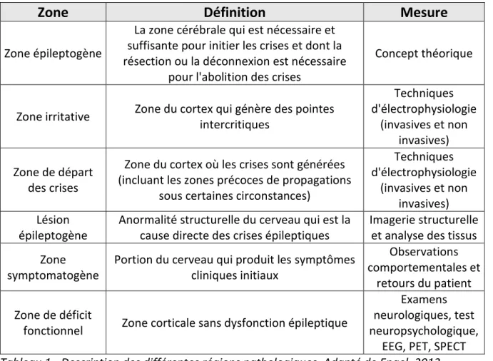 Tableau 1  pour  le  détails  des différentes zones).   Ces  concepts  sont très  largement utilisés  pour définir les différentes régions pathologiques chez un patient, ainsi que les limites de la  résection chirurgicale